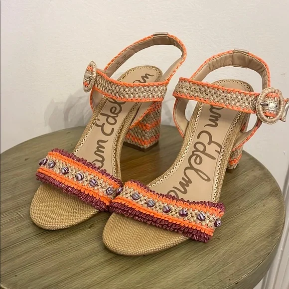 Sam Edelman Rattan Heels with Vibrant Design Orange and Purple - Picture 2 of 8